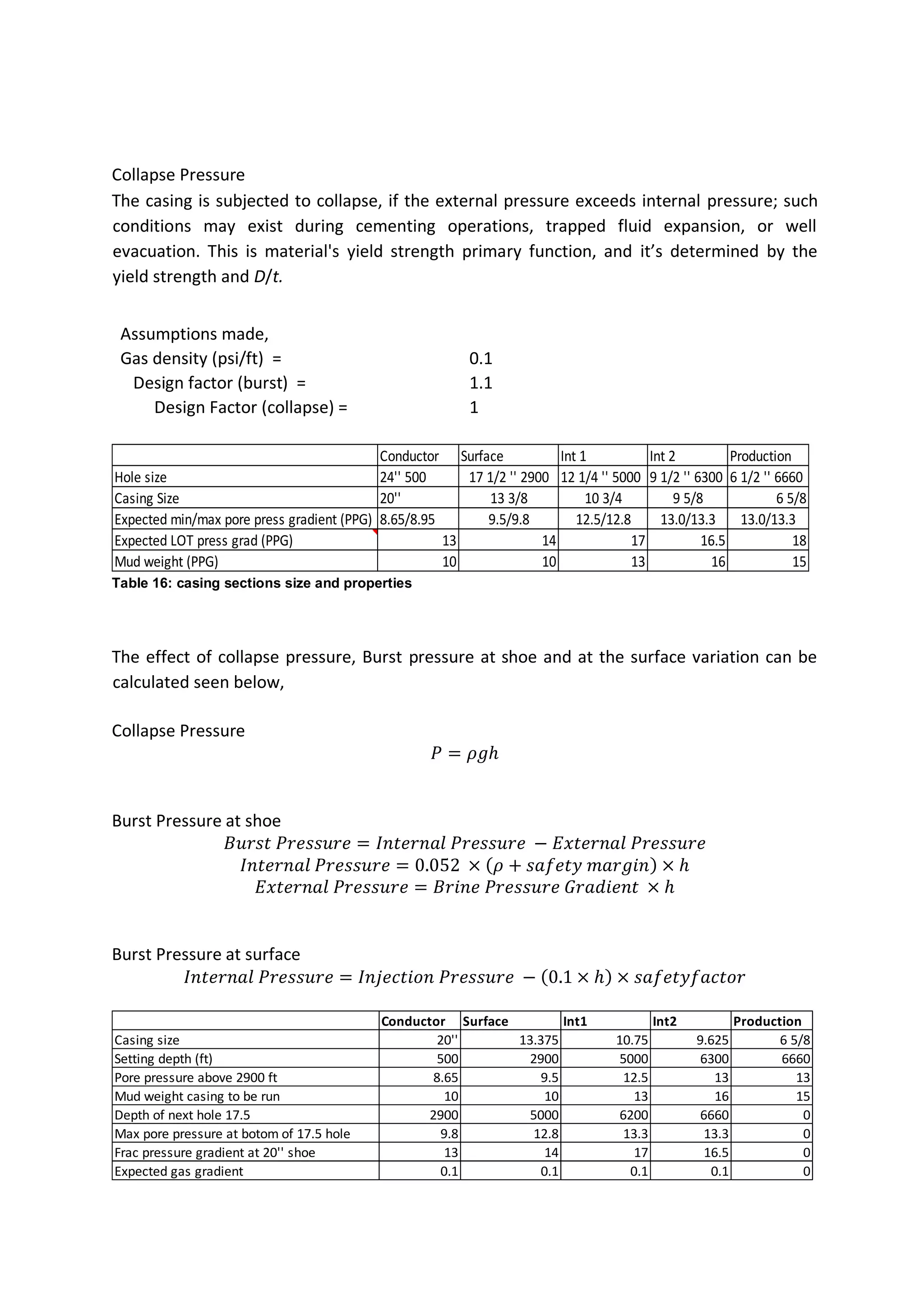 Collapse Pressure
The casing is subjected to collapse, if the external pressure exceeds internal pressure; such
conditions may exist during cementing operations, trapped fluid expansion, or well
evacuation. This is material's yield strength primary function, and it’s determined by the
yield strength and D/t.
Assumptions made,
Gas density (psi/ft) = 0.1
Design factor (burst) = 1.1
Design Factor (collapse) = 1
Table 16: casing sections size and properties
The effect of collapse pressure, Burst pressure at shoe and at the surface variation can be
calculated seen below,
Collapse Pressure
𝑃 = 𝜌𝑔ℎ
Burst Pressure at shoe
𝐵𝑢𝑟𝑠𝑡 𝑃𝑟𝑒𝑠𝑠𝑢𝑟𝑒 = 𝐼𝑛𝑡𝑒𝑟𝑛𝑎𝑙 𝑃𝑟𝑒𝑠𝑠𝑢𝑟𝑒 − 𝐸𝑥𝑡𝑒𝑟𝑛𝑎𝑙 𝑃𝑟𝑒𝑠𝑠𝑢𝑟𝑒
𝐼𝑛𝑡𝑒𝑟𝑛𝑎𝑙 𝑃𝑟𝑒𝑠𝑠𝑢𝑟𝑒 = 0.052 × (𝜌 + 𝑠𝑎𝑓𝑒𝑡𝑦 𝑚𝑎𝑟𝑔𝑖𝑛) × ℎ
𝐸𝑥𝑡𝑒𝑟𝑛𝑎𝑙 𝑃𝑟𝑒𝑠𝑠𝑢𝑟𝑒 = 𝐵𝑟𝑖𝑛𝑒 𝑃𝑟𝑒𝑠𝑠𝑢𝑟𝑒 𝐺𝑟𝑎𝑑𝑖𝑒𝑛𝑡 × ℎ
Burst Pressure at surface
𝐼𝑛𝑡𝑒𝑟𝑛𝑎𝑙 𝑃𝑟𝑒𝑠𝑠𝑢𝑟𝑒 = 𝐼𝑛𝑗𝑒𝑐𝑡𝑖𝑜𝑛 𝑃𝑟𝑒𝑠𝑠𝑢𝑟𝑒 − (0.1 × ℎ) × 𝑠𝑎𝑓𝑒𝑡𝑦𝑓𝑎𝑐𝑡𝑜𝑟
Conductor Surface Int 1 Int 2 Production
Hole size 24'' 500 17 1/2 '' 2900 12 1/4 '' 5000 9 1/2 '' 6300 6 1/2 '' 6660
Casing Size 20'' 13 3/8 10 3/4 9 5/8 6 5/8
Expected min/max pore press gradient (PPG) 8.65/8.95 9.5/9.8 12.5/12.8 13.0/13.3 13.0/13.3
Expected LOT press grad (PPG) 13 14 17 16.5 18
Mud weight (PPG) 10 10 13 16 15
Conductor Surface Int1 Int2 Production
Casing size 20'' 13.375 10.75 9.625 6 5/8
Setting depth (ft) 500 2900 5000 6300 6660
Pore pressure above 2900 ft 8.65 9.5 12.5 13 13
Mud weight casing to be run 10 10 13 16 15
Depth of next hole 17.5 2900 5000 6200 6660 0
Max pore pressure at botom of 17.5 hole 9.8 12.8 13.3 13.3 0
Frac pressure gradient at 20'' shoe 13 14 17 16.5 0
Expected gas gradient 0.1 0.1 0.1 0.1 0
 