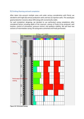 5.2 Drilling Planning and well completion
After taken into account multiple cases and under serious consideration with Petrel, we
decided to drill eight (8) vertical production wells and two (2) injection wells. This would give
good production recovery about 30% along with economically viable.
For well completion designing, we decided to use perforated casing completions after
considered factors including depth of the reservoir, volume of fluids to be produced, well
location, control of stimulation, pressure control, and wellbore stability. We will have two
sections of intermediate casing. All casing were cemented and finally perforated.
Figure 36: Perforated Casing
Perforated Production
casing
Packer
Tubing
 