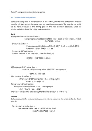 Table 17: casing sections size and other properties
5.4.2.1 Conductor Casing Section
Conductor casing used to prevent cave in of the surface, and the burst and collapse pressure
must be calculate so that the casing used can meet its requirements. The hole size can be big
as 36 inches because as the drilling goes on the hole diameter decreases. Once the
conductor hole is drilled the casing is cemented in it.
Burst
Pore pressure at the bottom of 17.5 =
Max pore pressure at bottom of 17.5 hole * Depth of next hole 17.5*0.052
= 9.8 * 2900 = 1477.84
pressure at surface =
Pore pressure at the bottom of 17.5 8 - (0.1* Depth of next hole 17.5)
= 14477.84 – (0.1 * 2900) = 1187.84
Pressure at 20’’ casing shoe =
Fracture Pressure at 20’’ shoe – ( 0.1 * setting depth,ft)
= 1477.84 – (0.1 *500) = 1427.84
LOT pressure @ 20'' casing shoe =
Expected LOT pressure gradient – (0.0052 * setting depth)
= 13 * 0.052 *500 =338
Max pressure @ surface =
LOT pressure @ 20'' casing shoe – (0.1* setting depth)
= 338 – (0.1 * 500) = 288
Pore pressure @ casing shoe =
Pore pressure above 2900 ft * 0.052 *setting depth
= 8.65 * 0.0052 *500 = 224.9
There is no any external force acting, then External pressure at surface = 0
Collapse
Collapse calculation for conductor casing, external, internal pressure at the surface and at the shoe is
zero (0).
Pore pressure at casing shoe =
Pore pressure above 2900 ft * 0.052 *setting depth
= 8.65 * 0.0052 *500 = 224.9
 