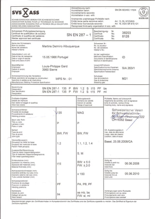 Certificat de soudage SN EN 287-1 Martins
