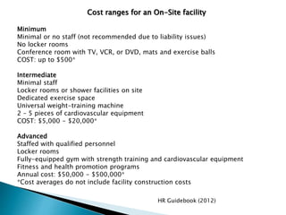 Cost ranges for an On-Site facility
Minimum
Minimal or no staff (not recommended due to liability issues)
No locker rooms
Conference room with TV, VCR, or DVD, mats and exercise balls
COST: up to $500*
Intermediate
Minimal staff
Locker rooms or shower facilities on site
Dedicated exercise space
Universal weight-training machine
2 – 5 pieces of cardiovascular equipment
COST: $5,000 - $20,000*
Advanced
Staffed with qualified personnel
Locker rooms
Fully-equipped gym with strength training and cardiovascular equipment
Fitness and health promotion programs
Annual cost: $50,000 - $500,000*
*Cost averages do not include facility construction costs
HR Guidebook (2012)
 