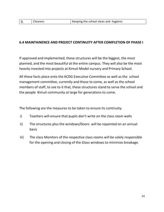34
9. Cleaners Keeping the school clean and hygienic
6.4 MAINTAINENCE AND PROJECT CONTINUITY AFTER COMPLETION OF PHASE I
If approved and implemented, these structures will be the biggest, the most
planned, and the most beautiful at the entire campus. They will also be the most
heavily invested into projects at Kimuli Model nursery and Primary School.
All these facts place onto the KCDG Executive Committee as well as the school
management committee, currently and those to come, as well as the school
members of staff, to see to it that, these structures stand to serve the school and
the people Kimuli community at large for generations to come.
The following are the measures to be taken to ensure its continuity.
i) Teachers will ensure that pupils don’t write on the class room walls
ii) The structures plus the windows/Doors will be repainted on an annual
basis
iii) The class Monitors of the respective class rooms will be solely responsible
for the opening and closing of the Glass windows to minimize breakage.
 