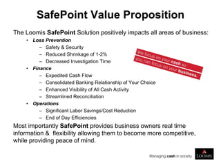 SafePoint Value Proposition
The Loomis SafePoint Solution positively impacts all areas of business:
• Loss Prevention
– Safety & Security
– Reduced Shrinkage of 1-2%
– Decreased Investigation Time
• Finance
– Expedited Cash Flow
– Consolidated Banking Relationship of Your Choice
– Enhanced Visibility of All Cash Activity
– Streamlined Reconciliation
• Operations
– Significant Labor Savings/Cost Reduction
– End of Day Efficiencies
Most importantly SafePoint provides business owners real time
information & flexibility allowing them to become more competitive,
while providing peace of mind.
 