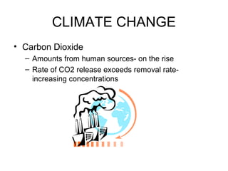 CLIMATE CHANGE
• Carbon Dioxide
– Amounts from human sources- on the rise
– Rate of CO2 release exceeds removal rate-
increasing concentrations
 