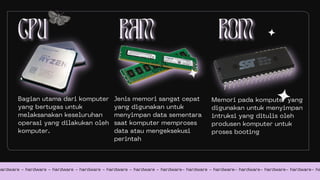 Bagian utama dari komputer
yang bertugas untuk
melaksanakan keseluruhan
operasi yang dilakukan oleh
komputer.
hardware - hardware - hardware - hardware - hardware - hardware - hardware- hardware - hardware- hardware- hardware- hardware- ha
Jenis memori sangat cepat
yang digunakan untuk
menyimpan data sementara
saat komputer memproses
data atau mengeksekusi
perintah
Memori pada komputer yang
digunakan untuk menyimpan
intruksi yang ditulis oleh
produsen komputer untuk
proses booting
 