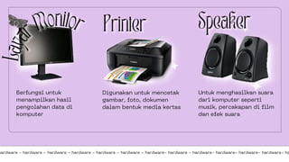 L
a
y
a
r Monitor
Berfungsi untuk
menampilkan hasil
pengolahan data di
komputer
hardware - hardware - hardware - hardware - hardware - hardware - hardware- hardware - hardware- hardware- hardware- hardware- ha
Digunakan untuk mencetak
gambar, foto, dokumen
dalam bentuk media kertas
Untuk menghasilkan suara
dari komputer seperti
musik, percakapan di film
dan efek suara
 