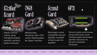 Papan sirkiut
utama yang
menghubungkan
peranti-peranti
pada komputer
hardware - hardware - hardware - hardware - hardware - hardware - hardware- hardware - hardware- hardware- hardware- hardware- ha
Memproses
keluaran dari CPU
untuk ditampilkan
ke layar monitor
Berfungsi untuk
mengubah sinyal
digital menjadi
sinyal suara ke
speaker
Sirkuit elektronik khusus
yang dirancang untuk
mempercepat pembuatan
gambar keluaran ke
peranti tampilan
komputer
 