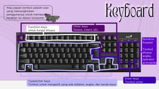 Function keys
Untuk fungsi khusus
Atau papan tombol adalah alat
yang memungkinkan
penggunanya untuk memasukkan
karakter ke dalam komputer
Typewriter keys
Tombol untuk mengetik yang ada alfabet, angka, dan tanda baca
Other keys
Delete, insert, dll.
Numeric
Keypad
Tombol
khusus
angka,
operator
aritmatika
Enter keys
Tombol enter
 