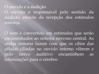 O ouvido e a audição
O ouvido é responsável pelo sentido da
audição através da recepção dos estímulos
sonoros.
O som é convertido em estímulos que serão
encaminhados ao sistema nervoso central. As
ondas sonoras fazem com que os cílios das
células ciliadas no ouvido interno vibrem e
pelo nervo auditivo encaminhem as
informações para o cérebro.
 