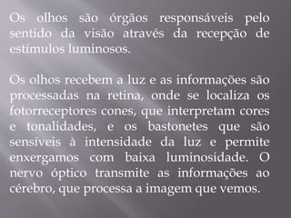 Os olhos são órgãos responsáveis pelo
sentido da visão através da recepção de
estímulos luminosos.
Os olhos recebem a luz e as informações são
processadas na retina, onde se localiza os
fotorreceptores cones, que interpretam cores
e tonalidades, e os bastonetes que são
sensíveis à intensidade da luz e permite
enxergamos com baixa luminosidade. O
nervo óptico transmite as informações ao
cérebro, que processa a imagem que vemos.
 