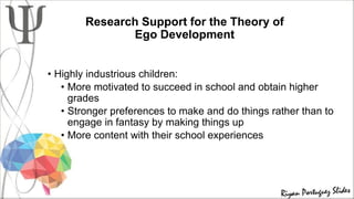 Research Support for the Theory of
Ego Development
• Highly industrious children:
• More motivated to succeed in school and obtain higher
grades
• Stronger preferences to make and do things rather than to
engage in fantasy by making things up
• More content with their school experiences
 