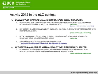 Activity 2012 in the eLC context
 3. KNOWLEDGE NETWORKS AND INTERDISCIPLINARY PROJECTS
       1.   BIOWAVE PROJECT: USING WEB 2.0 TOOLS TO PROMOTE INTERDISCIPLINARY COLLABORATION
            BETWEEN MASTERS BIOTECHNOLOGY AND BIOMEDICAL.            [APLICA 2010]
                                                                                              [Implantant al Màster Universitari en Nutrició i Salut]


       2.   REPOSITORY "E-MEDITERRANEAN DIET" ON SOCIAL, CULTURAL AND HEALTH ASPECTS RELATED WITH
            MEDITERRANEAN DIET.
                                                                                              [THESIS DOCTORAL/ELEARN CENTER]


       3.   iBOOK_LAB PROJECT: ÚS DELS TABLETS PER L’EDICIÓ I DIFUSIÓ DE MATERIALS DIDÀCTICS
            RESULTANT DE LA COL·LABORACIÓ EN XARXA                       [APLICA 2012]


       4.   APPS: MOBILE-HEALTH TOOLS FOR HEALTH EDUCATION
             [Nou conveni de col·laboració amb L’HOSPITAL DEL MAR I L’HOSPITAL DE SANT PAU]


 4.   APPLICATION ANALYSIS OF VIRTUAL REALITY (VR) IN THE HEALTH SECTOR
       1.   LA SIMULACIÓN EN MUNDOS VIRTUALES 3D COMO HERRAMIENTA PARA LA ADQUISICIÓN DE
            DESTREZAS EN CIRUGÍA DE INVASIÓN MÍNIMA AVANZADA EN PEDIATRÍA
                                                                                              [THESIS DOCTORAL/ELEARN CENTER]




                                                                                                II eLC Update meeting 06/03/2012
 