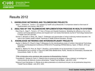 Results 2012
1.   KNOWLEDGE NETWORKS AND TELEMEDICINE PROJECTS.
      Saigí F., Jiménez AI., Torrent J. ICT adoption by health care professionals. A comparison based on their level of
        implementation and training. IJMI 2013?
2.   ANALYSIS OF THE TELEMEDICINE IMPLEMENTATION PROCESS IN HEALTH SYSTEMS
      Díaz-Chao A., Saigí F., Torrent J. ICT Use in Primary and Hospital Assistance. Modelling the efficiency of an on-line
         practice community between primary and hospital care” a la revista International Journal of Technology Assessment
         in Health Care 2013 (Enviat).
      Gomez C. Montaña X, Pérez, AA., Saigí F, Challenges and opportunities of virtual continuing medical education: the
         case of the Catalan Health Institute. Advances in Health Science Education. (Enviat).
3.   KNOWLEDGE NETWORKS AND INTERDISCIPLINARY PROJECTS
      Aguilar A, Medina FX ,Piqué N, Saigí F.Wikispaces for the interdisciplinary study of nutrition International Technology,
        Eduaction and Development Conference INTED 2012 Proceedings INTED(Valencia, Spain, 5-7March, 2012) pp
        5832-5838
      Aguilar A., Medina FX, Pons JA, Saigí F. Desafíos y oportunidades de las herramientas 2.0 para el estudio
        interdisciplinar de la nutrición: el caso de la Wiki Dieta Mediterránea. RUSC. Revista de Universidad y Sociedad del
        Conocimiento. NUM. 10, VOL. 1. 2013

      TFMs col·laboratius entre estudiants dels programes de Bioestadística i Nutrició:
      Tusquellas M , Samper N, Farré, X. Relació entre la presencia de patògens, el tipus d’aliment i el contingut en
        macronutrients de diferents mostres alimentàries. Treball Final de Màster. Julio 2012. UOC
      Solsona G and Hernández J.L Efectes de la dieta proteinada en la disminució de pes i en els paràmetres bioquímics
        Treball Final de Màster. Julio 2012. UOC


                                                                                         II eLC Update meeting 06/03/2012
 