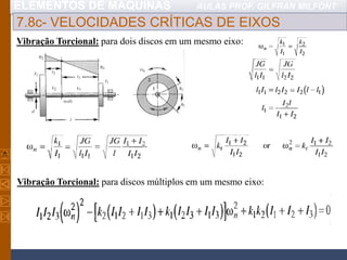 ELEMENTOS DE MÁQUINAS AULAS PROF. GILFRAN MILFONT
7.8c- VELOCIDADES CRÍTICAS DE EIXOS
Vibração Torcional: para dois discos em um mesmo eixo:
Vibração Torcional: para discos múltiplos em um mesmo eixo:
 
