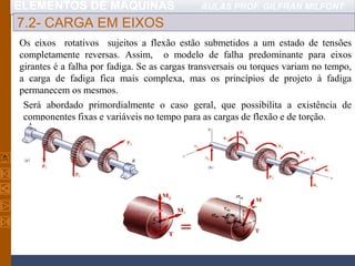 ELEMENTOS DE MÁQUINAS AULAS PROF. GILFRAN MILFONT
7.2- CARGA EM EIXOS
Os eixos rotativos sujeitos a flexão estão submetidos a um estado de tensões
completamente reversas. Assim, o modelo de falha predominante para eixos
girantes é a falha por fadiga. Se as cargas transversais ou torques variam no tempo,
a carga de fadiga fica mais complexa, mas os princípios de projeto à fadiga
permanecem os mesmos.
Será abordado primordialmente o caso geral, que possibilita a existência de
componentes fixas e variáveis no tempo para as cargas de flexão e de torção.
 