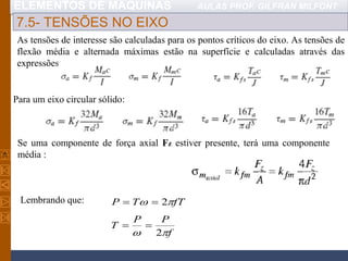 ELEMENTOS DE MÁQUINAS AULAS PROF. GILFRAN MILFONT
7.5- TENSÕES NO EIXO
As tensões de interesse são calculadas para os pontos críticos do eixo. As tensões de
flexão média e alternada máximas estão na superfície e calculadas através das
expressões:
Para um eixo circular sólido:
Se uma componente de força axial Fz estiver presente, terá uma componente
média :
Lembrando que:
f
PP
T
fTTP


2
2


 