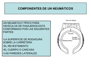 COMPONENTES DE UN NEUMÁTICOS
UN NEUMÁTICO TÍPICO PARA
VEHÍCULOS DE PASAJEROS ESTÁ
CONFORMADO POR LAS SIGUIENTES
PARTES:
•LA SUPERFICIE DE RODADURA
SOBRE LA CARRETERA
•EL REVESTIMIENTO
•EL CUERPO O CARCASA
•LAS PAREDES LATERALES
 