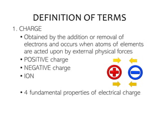 DEFINITION OF TERMS
1. CHARGE
• Obtained by the addition or removal of
electrons and occurs when atoms of elements
are acted upon by external physical forces
• POSITIVE charge
• NEGATIVE charge
• ION
• 4 fundamental properties of electrical charge
 