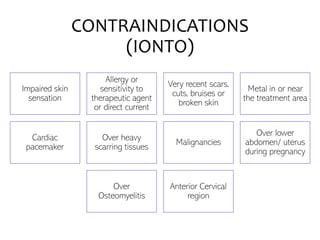CONTRAINDICATIONS
(IONTO)
Impaired skin
sensation
Allergy or
sensitivity to
therapeutic agent
or direct current
Very recent scars,
cuts, bruises or
broken skin
Metal in or near
the treatment area
Cardiac
pacemaker
Over heavy
scarring tissues
Malignancies
Over lower
abdomen/ uterus
during pregnancy
Over
Osteomyelitis
Anterior Cervical
region
 