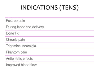 INDICATIONS (TENS)
Post op pain
During labor and delivery
Bone Fx
Chronic pain
Trigeminal neuralgia
Phantom pain
Antiemetic effects
Improved blood flow
 