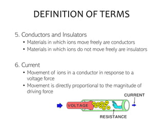 5. Conductors and Insulators
• Materials in which ions move freely are conductors
• Materials in which ions do not move freely are insulators
6. Current
• Movement of ions in a conductor in response to a
voltage force
• Movement is directly proportional to the magnitude of
driving force
DEFINITION OF TERMS
 