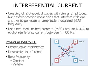 INTERFERENTIAL CURRENT
• Crossing of 2 sinusoidal waves with similar amplitudes,
but different carrier frequencies that interfere with one
another to generate an amplitude-modulated BEAT
frequency
• Uses two medium freq currents (MFC) around 4,000 to
evoke interference current between 1-100 Hz
Physics related to IFC
• Constructive interference
• Destructive interference
• Beat frequency
• Constant
• Variable
 