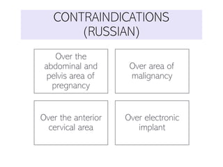 CONTRAINDICATIONS
(RUSSIAN)
Over the
abdominal and
pelvis area of
pregnancy
Over area of
malignancy
Over the anterior
cervical area
Over electronic
implant
 