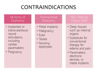 CONTRAINDICATIONS
All forms of
Diathermy
• Implanted or
transcutaneous
neural
stimulators,
including
cardiac
pacemakers
• Pregnancy
Thermal level
Diathermy
• Metal implants
• Malignancy
• Eyes
• Testes
• Growing
epiphyses
Non Thermal
Pulsed SWD
• Deep tissues
such as internal
organs
• Substitute for
conventional
therapy for
edema and pain
• Pacemakers,
electronic
devices, or
metal implants
 