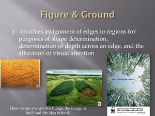    Involves assignment of edges to regions for
     purposes of shape determination,
     determination of depth across an edge, and the
     allocation of visual attention




Here we see always two things: the image in
        itself and the idea behind.
 