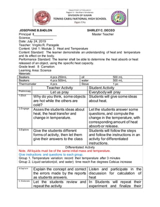 JOSEPHINE B.BADLON SHIRLEY C. DECEO
Principal II_____________ Master Teacher
Science_____________
Date: July 24, 2019
Teacher: Virgilio R. Paragele
Content: Unit 1: Module 3: Heat and Temperature
Content Standard: The learner demonstrate an understanding of heat and temperature
and its effect on the body.
Performance Standard: The learner shall be able to determine the heat absorb or heat
released of an object, using the specific heat capacity.
Grade level: 8 Carnation
Learning Area: Science
Materials:
Beakers 4 pcs 250mL oil 500 mL
Beakers 4 pcs 500mL water 500 mL
Thermometer 4 pcs Stove 1 pc
Teacher Activity Student Activity
Preliminary
Let us pray Everybodywill pray
1.Elicit
Why do you think, some objects
are hot while the others are
cold?
Students will give some ideas
about heat.
2.Engage
Asses the students ideas about
heat, the heat transfer and
change in temperature.
Let the students answer some
questions,and compute the
change in the temperature, with
corresponding amount of heat
absorb or release.
3.Explore
Give the students different
forms of activity, then let them
give their answers to the class
Students will follow the steps
and follow the instructions in an
activity for differentiated
instructions.
Differentiated Activity
Note. All liquids must be of the same initial mass and temperature.
Give instructions and questions to each group.
Group 1. Temperature variation: record their temperature after 3 minutes
Group 2. Liquid variation(oil, and water) time reach five degrees Celsius increase
4.Explain
Explain the concept and correct
the errors made by the reports
as students answers.
Listen and participate in the
discussion for calculation of
heat
5. Elaborate
Let the students review and
repeat the activity
In Students will repeat their
experiment and finalize their
 