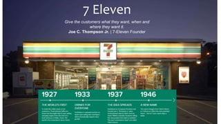 7 Eleven
Give the customers what they want, when and
where they want it.
Joe C. Thompson Jr. | 7-Eleven Founder
 