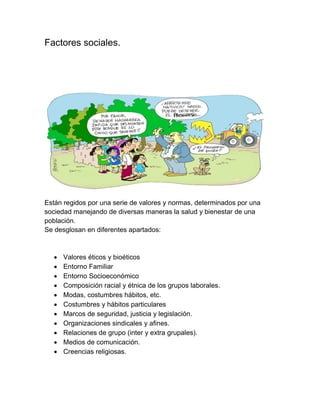 Factores sociales. 
Están regidos por una serie de valores y normas, determinados por una sociedad manejando de diversas maneras la salud y bienestar de una población. 
Se desglosan en diferentes apartados: 
 Valores éticos y bioéticos 
 Entorno Familiar 
 Entorno Socioeconómico 
 Composición racial y étnica de los grupos laborales. 
 Modas, costumbres hábitos, etc. 
 Costumbres y hábitos particulares 
 Marcos de seguridad, justicia y legislación. 
 Organizaciones sindicales y afines. 
 Relaciones de grupo (inter y extra grupales). 
 Medios de comunicación. 
 Creencias religiosas. 
 