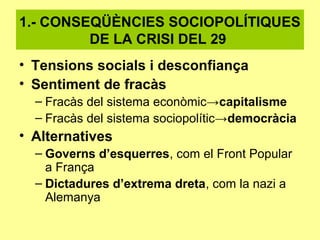 1.- CONSEQÜÈNCIES SOCIOPOLÍTIQUES
DE LA CRISI DEL 29
• Tensions socials i desconfiança
• Sentiment de fracàs
– Fracàs del sistema econòmic→capitalisme
– Fracàs del sistema sociopolític→democràcia
• Alternatives
– Governs d’esquerres, com el Front Popular
a França
– Dictadures d’extrema dreta, com la nazi a
Alemanya
 