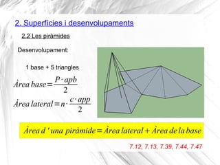 2. Superfícies i desenvolupaments
Desenvolupament:
2.2 Les piràmides
1 base + 5 triangles
Àrea base=
P·apb
2
Àrea lateral=...