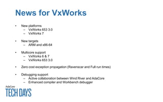 News for VxWorks
• New platforms
– VxWorks 653 3.0
– VxWorks 7
• New targets
– ARM and x86-64
• Multicore support
– VxWorks 6 & 7
– VxWorks 653 3.0
• Zero cost exception propagation (Ravenscar and Full run times)
• Debugging support
– Active collaboration between Wind River and AdaCore
– Enhanced compiler and Workbench debugger
 