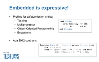 Embedded is expressive!
• Profiles for safety/mission-critical
– Tasking
– Multiprocessor
– Object-Oriented Programming
– Exceptions
• Ada 2012 contracts
function Sqrt (X : Integer) return Integer with
Pre => X >= 0,
Post => ((Sqrt’Result ** 2 <= X) and then
((Sqrt’Result + 1) ** 2 > X));
task Cyclic
with Priority => 100,
CPU => 3;
end Cyclic;
 