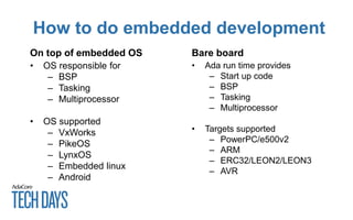 How to do embedded development
On top of embedded OS
• OS responsible for
– BSP
– Tasking
– Multiprocessor
• OS supported
– VxWorks
– PikeOS
– LynxOS
– Embedded linux
– Android
Bare board
• Ada run time provides
– Start up code
– BSP
– Tasking
– Multiprocessor
• Targets supported
– PowerPC/e500v2
– ARM
– ERC32/LEON2/LEON3
– AVR
 