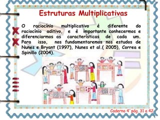 Estruturas Multiplicativas 
O raciocínio multiplicativo é diferente do 
raciocínio aditivo, e é importante conhecermos e 
diferenciarmos as características de cada um. 
Para isso, nos fundamentaremos nos estudos de 
Nunes e Bryant (1997), Nunes et al.( 2005), Correa e 
Spinillo (2004). 
Caderno 4´pág. 31 a 42 
 