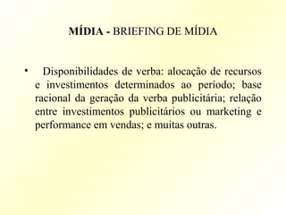 MÍDIA - BRIEFING DE MÍDIA
• Disponibilidades de verba: alocação de recursos
e investimentos determinados ao período; base
racional da geração da verba publicitária; relação
entre investimentos publicitários ou marketing e
performance em vendas; e muitas outras.
 