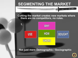 SEGMENTING THE MARKET
Cutting the market creates new markets where
there are no competitors, no rules.
1.
Not just mere Demographic / Sociographic
 