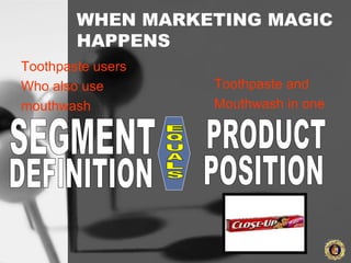 WHEN MARKETING MAGIC
HAPPENS
Toothpaste and
Mouthwash in one
Toothpaste users
Who also use
mouthwash
 