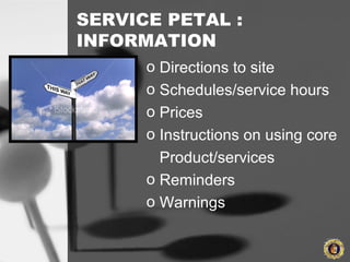 SERVICE PETAL :
INFORMATION
o Directions to site
o Schedules/service hours
o Prices
o Instructions on using core
Product/services
o Reminders
o Warnings
 