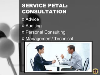 SERVICE PETAL:
CONSULTATION
o Advice
o Auditing
o Personal Consulting
o Management/ Technical
 