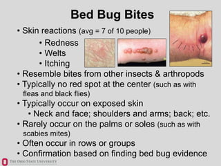 Bed Bug Bites
• Skin reactions (avg = 7 of 10 people)
• Redness
• Welts
• Itching
• Resemble bites from other insects & ar...
