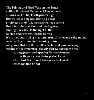 - 45 -
The Painted and Fired Vase on the Burea
spills a Harvest of Grapes and Persimmons..
sits in a well of light; self-painted light..
that swells and ripens, throwing down
a colored trail of full, moist pollen-ed stamens
that attract the attention and intelligence,
buzzing like a bee, to the sight of the
painted and fired vase on the bureau …
it’s turned and flaring rim. contouring all of poetry’s rhyme and
verse within.. and in its shining colors
and glazes, that tint the palette of color and prod memory-
causing me to remember the day that we sat under a tree
eating grapes and opening fine persimmons
with your silver Swiss pocket knife
which had 15 different tools and attachments
which we didn’t need –
 