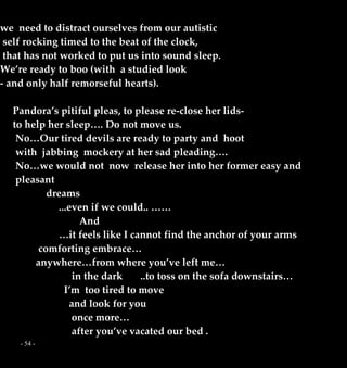 - 54 -
we need to distract ourselves from our autistic
self rocking timed to the beat of the clock,
that has not worked to put us into sound sleep.
We’re ready to boo (with a studied look
- and only half remorseful hearts).
Pandora’s pitiful pleas, to please re-close her lids-
to help her sleep…. Do not move us.
No…Our tired devils are ready to party and hoot
with jabbing mockery at her sad pleading….
No…we would not now release her into her former easy and
pleasant
dreams
...even if we could.. ……
And
…it feels like I cannot find the anchor of your arms
comforting embrace…
anywhere…from where you’ve left me…
in the dark ..to toss on the sofa downstairs…
I’m too tired to move
and look for you
once more…
after you’ve vacated our bed .
 