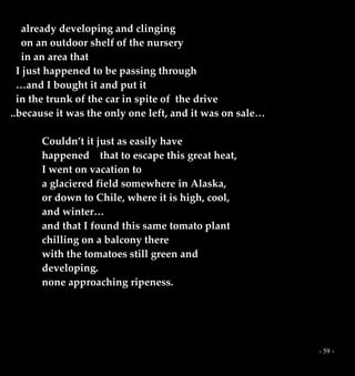 - 59 -
already developing and clinging
on an outdoor shelf of the nursery
in an area that
I just happened to be passing through
…and I bought it and put it
in the trunk of the car in spite of the drive
..because it was the only one left, and it was on sale…
Couldn’t it just as easily have
happened that to escape this great heat,
I went on vacation to
a glaciered field somewhere in Alaska,
or down to Chile, where it is high, cool,
and winter…
and that I found this same tomato plant
chilling on a balcony there
with the tomatoes still green and
developing.
none approaching ripeness.
 