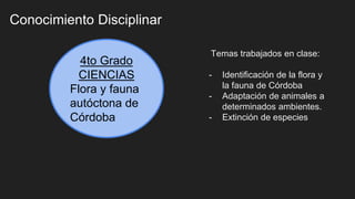 Conocimiento Disciplinar
4to Grado
CIENCIAS
Flora y fauna
autóctona de
Córdoba
Temas trabajados en clase:
- Identificación de la flora y
la fauna de Córdoba
- Adaptación de animales a
determinados ambientes.
- Extinción de especies
 