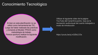 Conocimiento Tecnológico
Si bien en esta planificación no se
utilizó como herramienta las TIC.
Luego de haber realizado las prácticas
y tomando el Modelo TPACK como
metodología de trabajo.
Parece oportuno realizar la siguiente
modificación.
Utilizar el siguiente video de la página
YouTube del Canal Encuentro. Que es la
recreación audiovisual del cuento trabajado a
modo de introducción
https://youtu.be/yLnOZbiLCOs
 