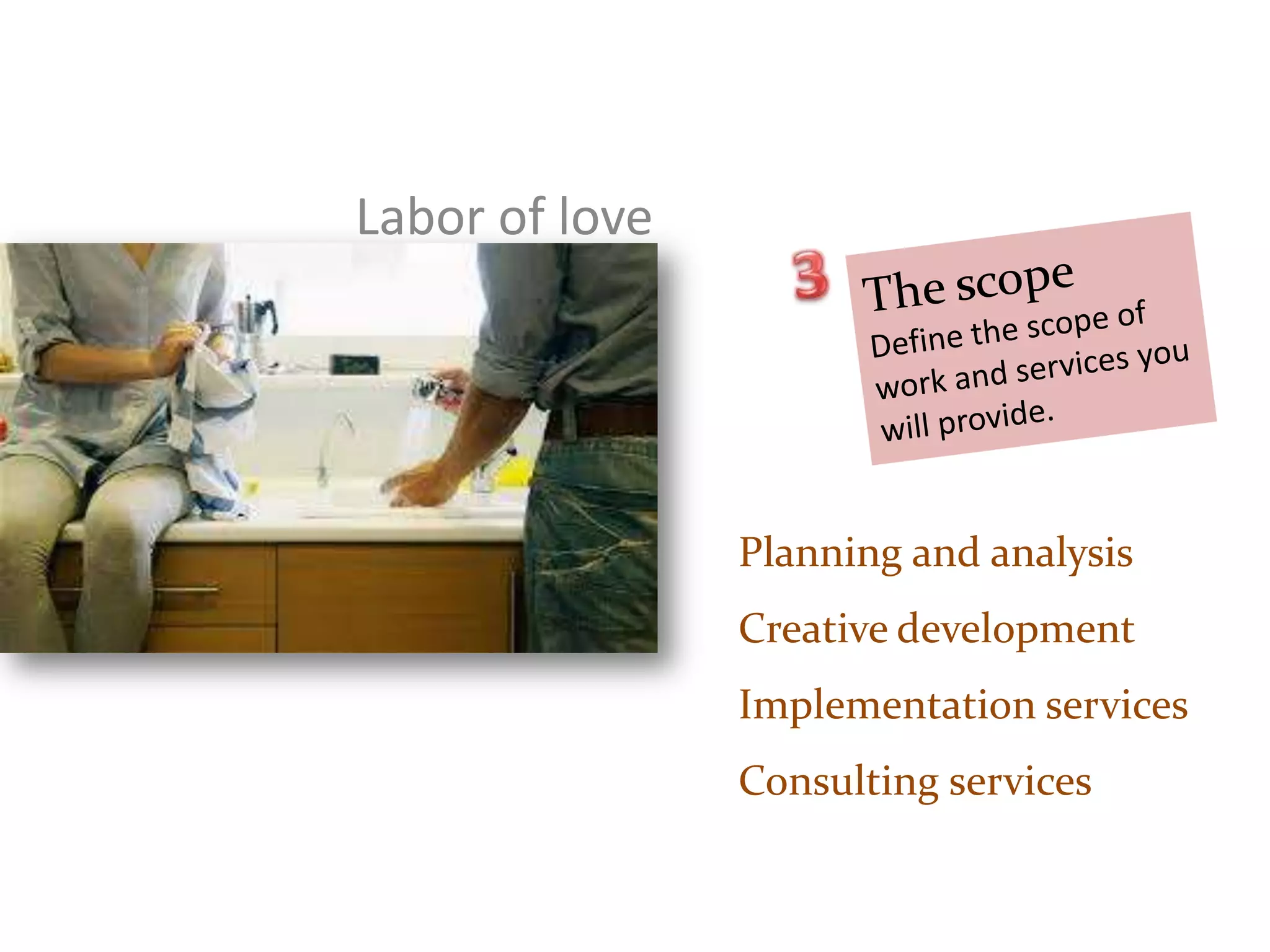Planning and analysis
Creative development
Implementation services
Consulting services
Labor of love
 